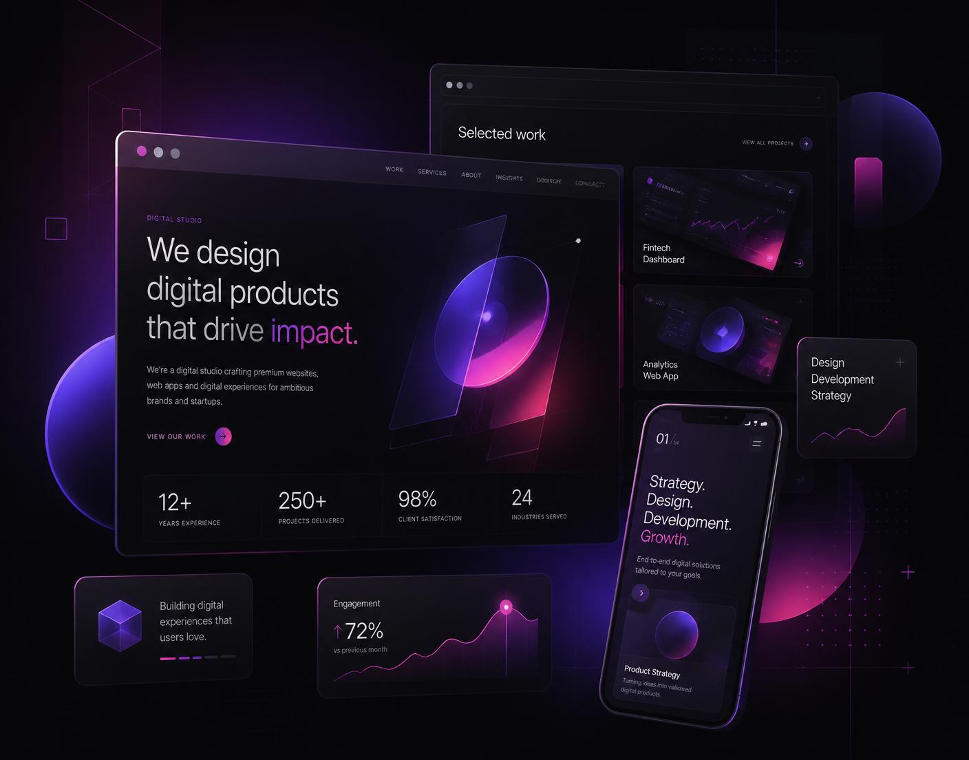 Premium dark web design mockups with purple and pink glow